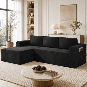 Boneless Sectional Sofa Couches for Living Room, Corduroy, L-Shaped, 94.5" Left Facing Chaise, Black