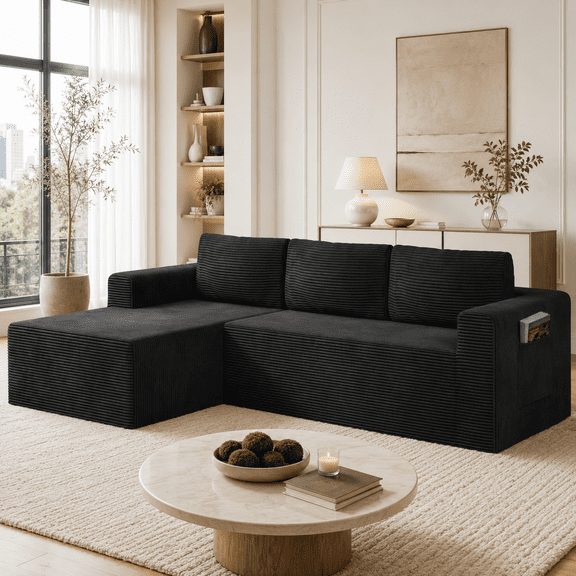 Modular Sectional Sofa Couches L-Shape Couch 3 Seat Modular Sofa Memory Foam Sectional Couches for Living Room, Cloud Couch with Oversized Chaise (Black Stripe, 94.5" Left Facing Chaise)