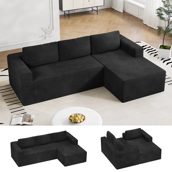 Modular Sectional Sofa Couches L-Shape Couch 3 Seat Modular Sofa Memory Foam Sectional Couches for Living Room, Cloud Couch with Oversized Chaise (Black Stripe, 94.5" Right Facing Chaise)