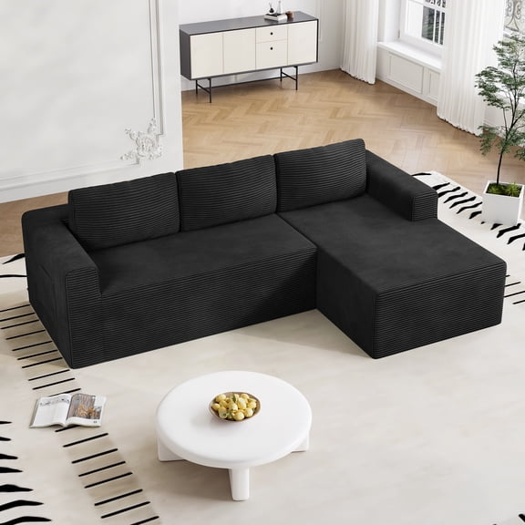 Boneless Sectional Sofa Couches for Living Room, Corduroy, L-Shaped, 94.5" Right Facing Chaise, Black