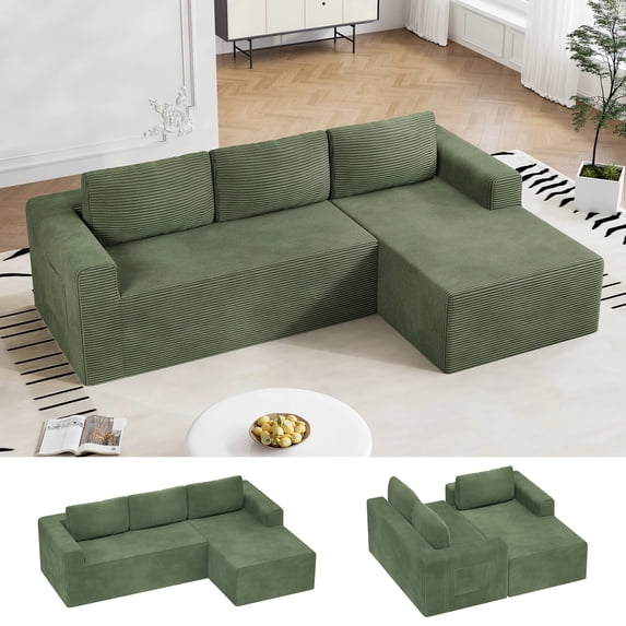 Modular Sectional Sofa Couches L-Shape Couch 3 Seat Modular Sofa Memory Foam Sectional Couches for Living Room, Cloud Couch with Oversized Chaise (Green Stripe, 94.5" Right Facing Chaise)