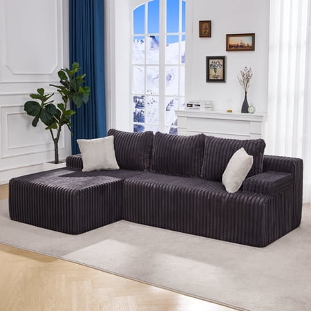 Modular Sectional Sofa Couches L-Shape Couch 3 Seat Modular Sofa Memory Foam Sectional Couches for Living Room, Cloud Couch with Oversized Chaise (Grey, Stripe (Left Facing Chaise))
