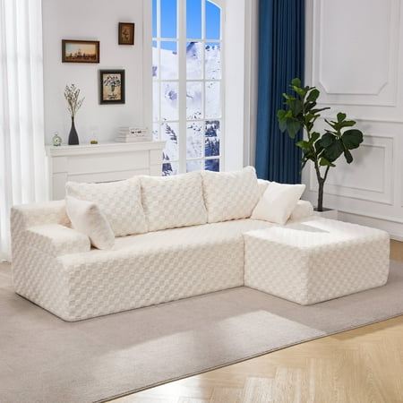 Modular Sectional Sofa Couches L-Shape Couch 3 Seat Modular Sofa Memory Foam Sectional Couches for Living Room, Cloud Couch with Oversized Chaise (White, Checked (Right Facing Chaise))