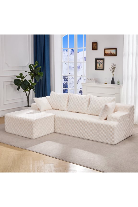 Modular Sectional Sofa Couches L-Shape Couch 3 Seat Modular Sofa Memory Foam Sectional Couches for Living Room, Cloud Couch with Oversized Chaise (White, Checked (left Facing Chaise))