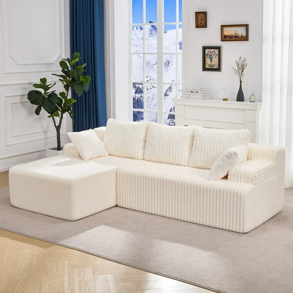 Modular Sectional Sofa Couches L-Shape Couch 3 Seat Modular Sofa Memory Foam Sectional Couches for Living Room, Cloud Couch with Oversized Chaise (White, Stripe (Left Facing Chaise))