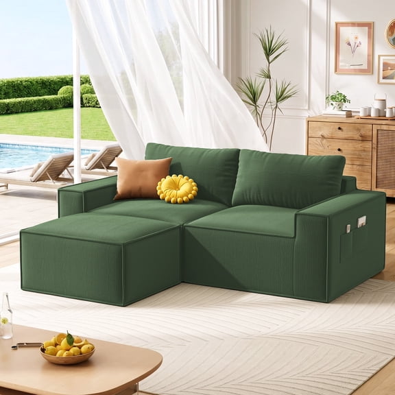 80" Modular L Shaped Cloud Couch, Boneless Loveseat Sectional Sofa with Ottoman for Living Room, No Assembly Required, Green