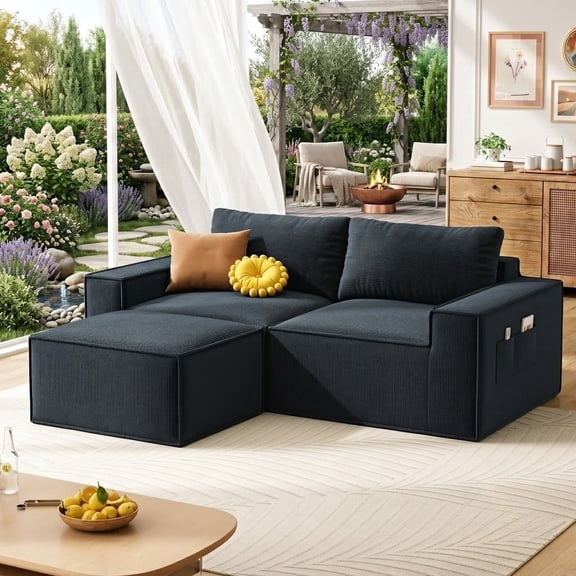 80" Loveseat Sectional Sofa, Asofer L-Shaped Corduroy Upholstered Couch With Ottoman for Living Room, No Assembly Boneless Sofa, Black
