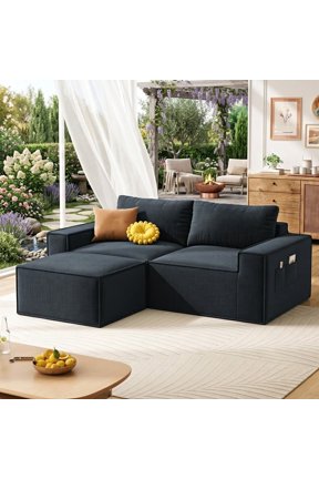 80" Loveseat Sectional Sofa, Asofer L-Shaped Corduroy Upholstered Couch With Ottoman for Living Room, No Assembly Boneless Sofa, Black