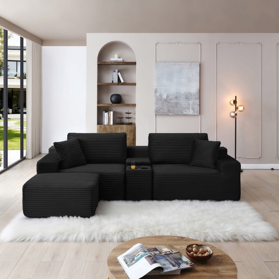 Modular Sectional Sofa, Deep Seat Corduroy Cloud Couch with Cup Holders, USB Ports& Storage Box, Sleeper Sofa Couch Boneless Couches with Movable Ottoman for Living Room, No Assembly Required(Black)