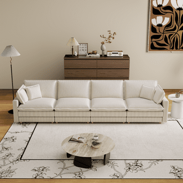 Modular Sectional Sofa, Deep Seat Couch for Living Room with 4 Pillow, Effortless Assembly, 4 Seat Couch Modern for Living Room, Bedroom  Apartment and Office, Beige
