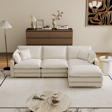 Modular Sectional Sofa, Deep Seat Couch for Living Room with 4 Pillow and footrest, Effortless Assembly, 3 Seat Couch Modern for Living Room, Bedroom  Apartment and Office, Beige
