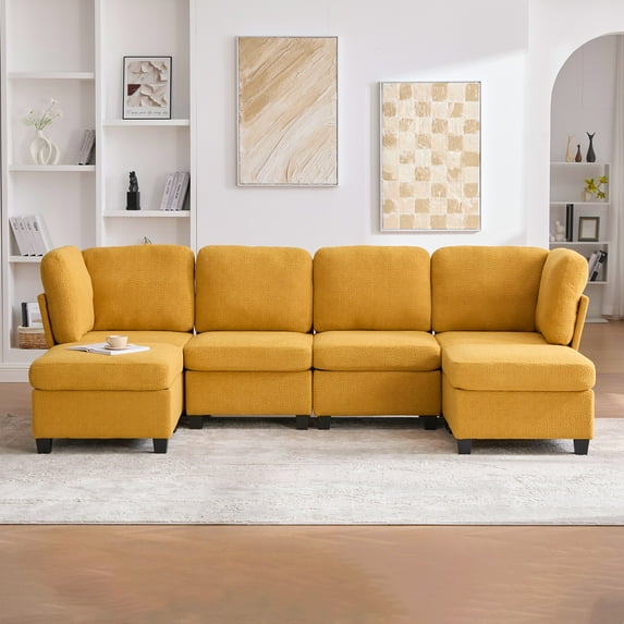 Modular Sectional Sofa, Freely Combinable 6-Seat Convertible Sectionals with Chaise, U Shaped Oversized Sectional Couches with Storage Ottoman for Home Apartment Office (Yellow)