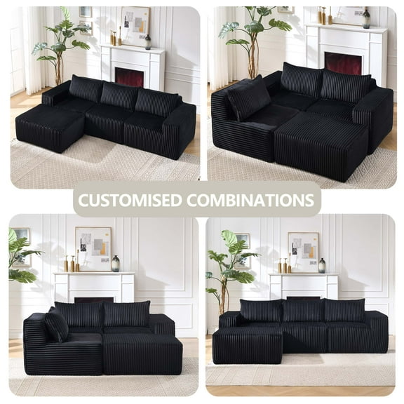 Modular Sectional Sofa L-Shaped, Modern Cloud Couch with Right Chaise - Deep Seats Upholstered Sofa for Living Room, Black Fabric, 3-Seater