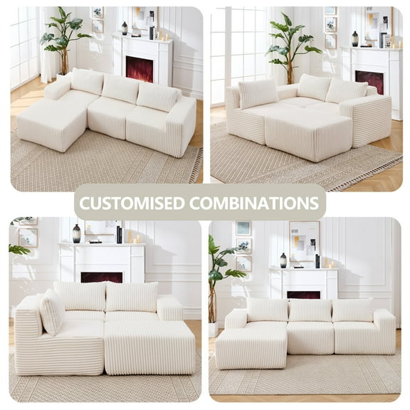 Modular Sectional Sofa L-Shaped, Modern Cloud Couch with Right Chaise - Deep Seats Upholstered Sofa for Living Room, White Fabric, 3-Seater