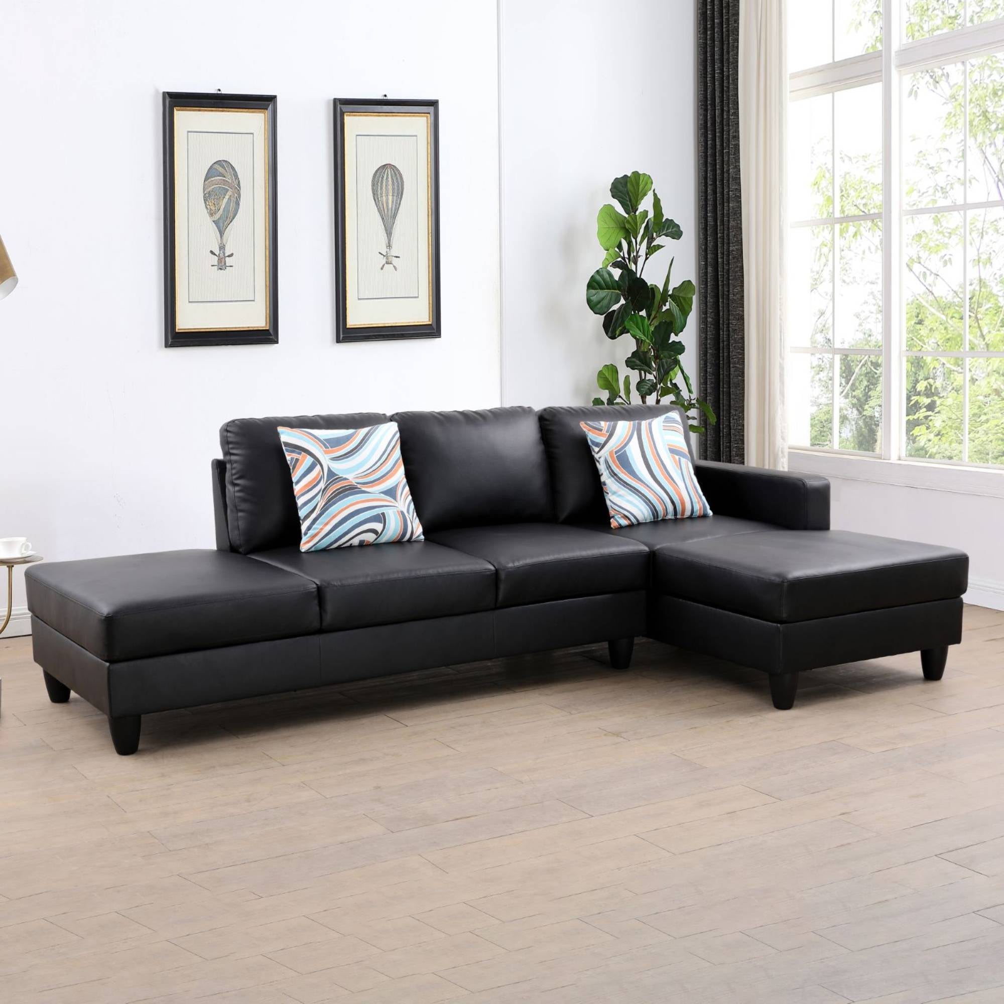 Modular Sectional Sofa, Leather L Shape Sleeper Sofa Couch with Chaise for Living Room Furniture Sets, Black