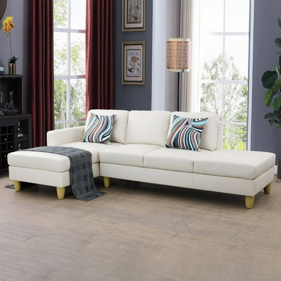 Modular Sectional Sofa, Leather L Shape Sleeper Sofa Couch with Chaise for Living Room Furniture Sets, White