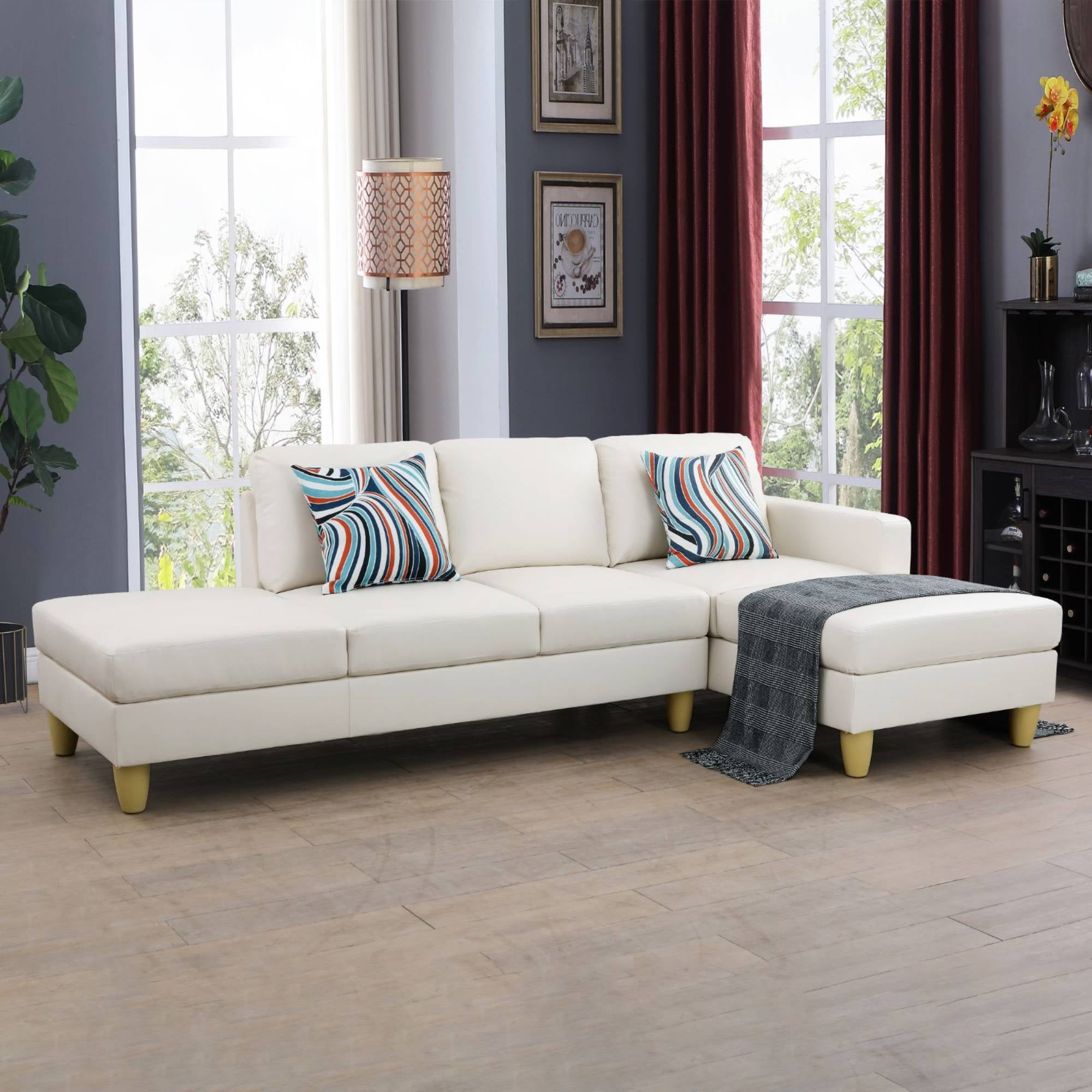 Modular Sectional Sofa, Leather L Shape Sleeper Sofa Couch with Chaise for Living Room Furniture Sets, White