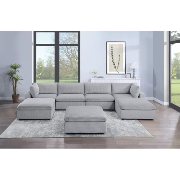 Modular Sectional Sofa Light Gray Corduroy Large Family 7pc Living Room Set 2x Corner wedge 2x Armless Chairs 3x Ottomans