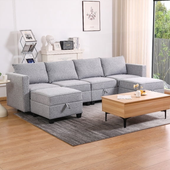 Modular Sectional Sofa - Light Grey, 4-Seats & Storage Feature