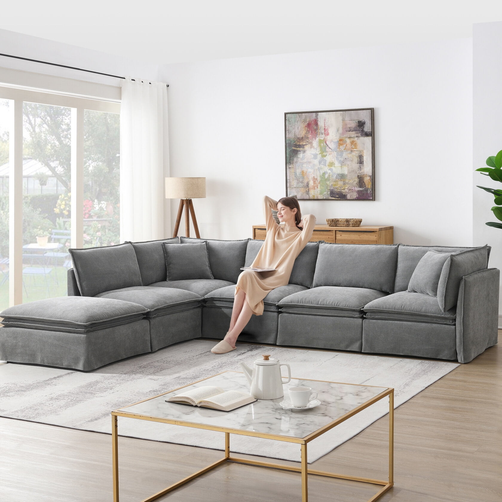 Modular Sectional Sofa with Movable Ottomans, 6-Seater Convertible U ...
