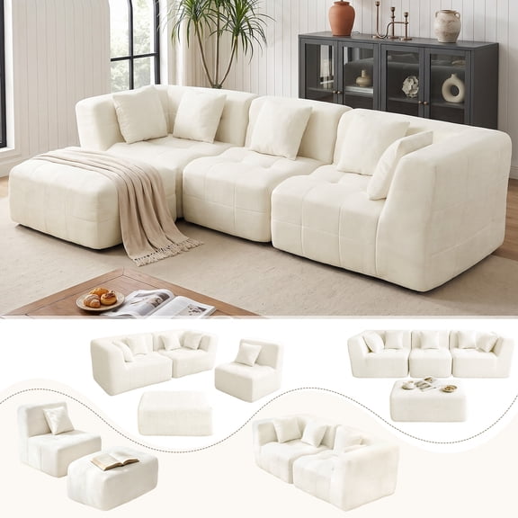 110" Chenille Modular Sectional Sofa, 4 pcs Upholstered Cloud Couch with Movable Ottoman & 5 Pillows, Deep Seat L Shaped Sectional Couch, No Assembly Required