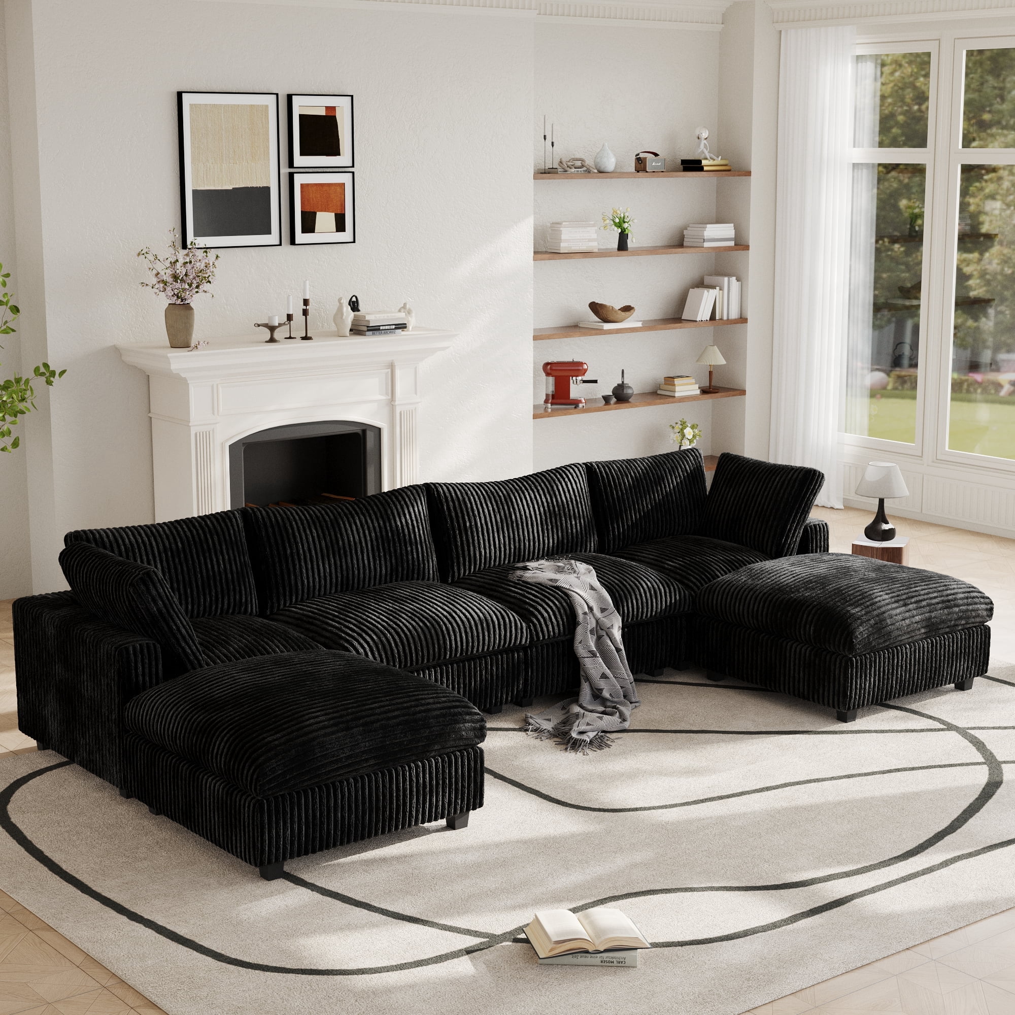 Modular Sectional Sofa, Plush Deep Seat Cloud Sofa Couch 4 Seat + 1 Ottoman / Black