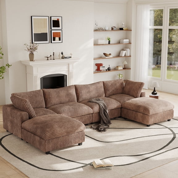 The Magic Home Modular Sectional Sofa,Oversized U Shaped Sofa with Ottomans,Plush Deep Seat Cloud Sofa Couch for Living Room,Apartment, Couch Cushion Covers Removable ( Brown, 4 Seat with 2 Ottomans)