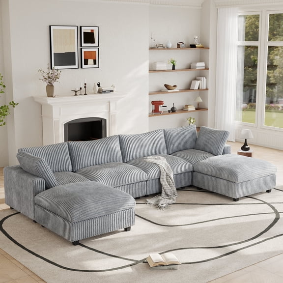 The Magic Home Modular Sectional Sofa, Oversized U Shaped Sofa with Ottomans, Plush Deep Seat Cloud Sofa Couch for Living Room, Apartment (Light Gray Couch, 4 Seat with 2 Ottomans)