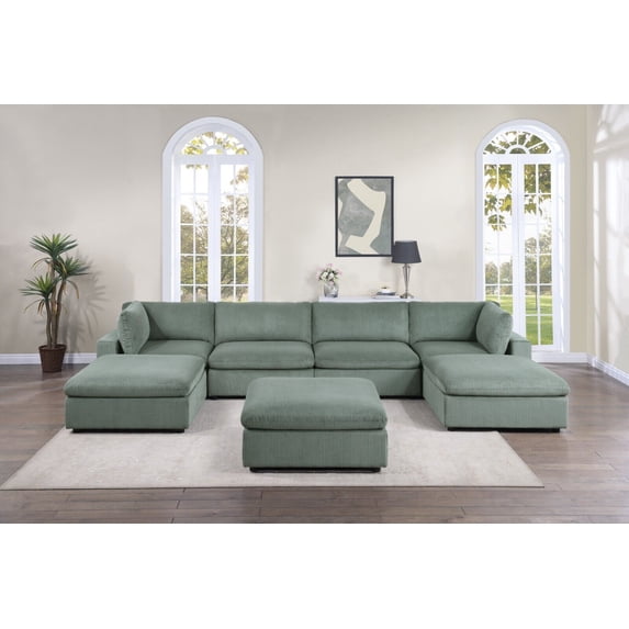 Modular Sectional Sofa Sage Corduroy Large Family 7pc Living Room Set 2x Corner wedge 2x Armless Chairs 3x Ottomans