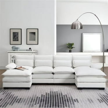 Modular Sectional Sofa Set, 110.5" Oversized U-shaped Sectional Sofa Couch with Chaise Lounge and Waist Pillows, 6-Seat Upholstered Symmetrical Sofa Furniture for Living Room Apartment, White