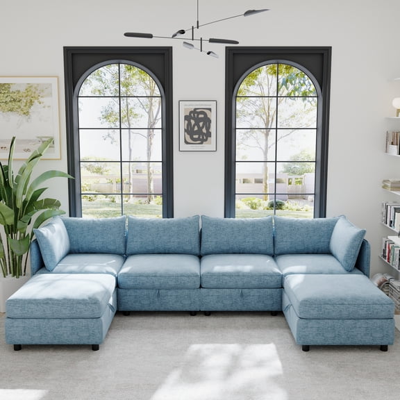 Modular Sectional Sofa Set | Antique Blue Chenille | 6-Seat | Convertible Sleeper with Storage | Flexible Combinations for Living Room | 68"x93.5"