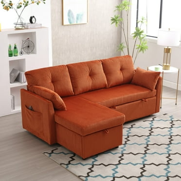 Modular Sectional Sofa Set, L-Shaped Sectional Sofa Couch with Reversible Chaise, 4 Seater Corduroy Fabric Sofa with Pull Out Bed & Storage Seat for Living Room Small Space, Orange