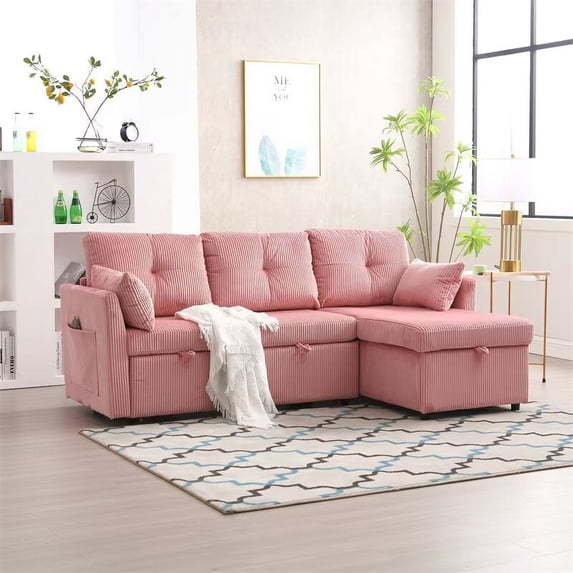 Modular Sectional Sofa Set, L-Shaped Sectional Sofa Couch with Reversible Chaise, 4 Seater Sofa with Pull Out Bed and Storage Seat for Living Room Small Space, Pink