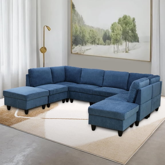 Modular Sectional Sofa Set, U Shape Sectional Couch with Ottoman, Grey White Flennelette Convertible Sofa Set for Living Room/Apartment/Office Blue