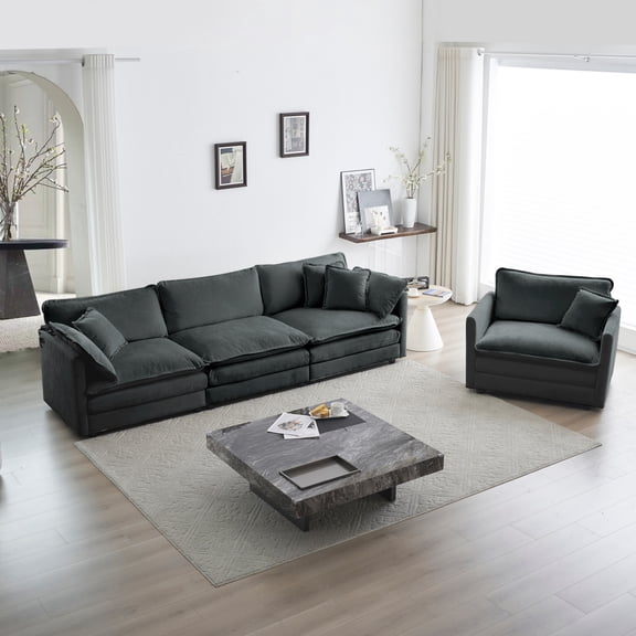 Modular Sectional Sofa Set with Deep Seat & Gray Chenille - 1 Accent Chair + 3-Seater Sofa Combo for Living Room Flexibility & Durable Comfort
