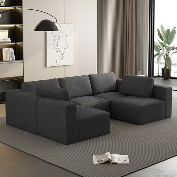 Modular Sectional Sofa Sleeper with Chaise Ottoman, Convertible U-Shaped Sofa Set, Space-Saving Comfortable Compressed Sponge Design, Dark Grey 5-Piece Arrangement for Living Room Flexibility