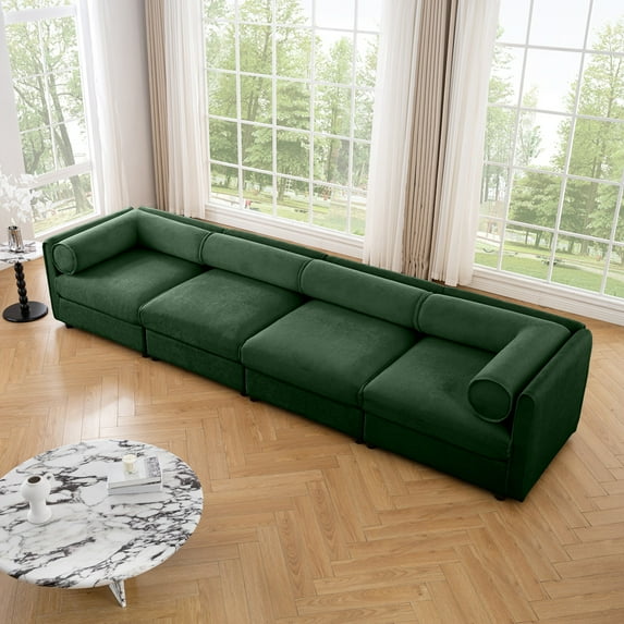 Modular Sectional Sofa with Storage, Cylindrical Backrest and Armrests Deep Comfortable Seating, Durable and Supportive for Living Room,4 Seat L- Shaped Sofa (Green)