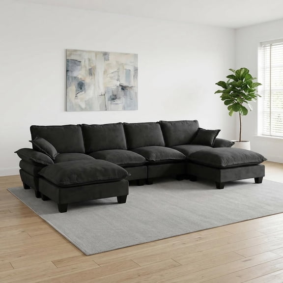 Modular Sectional Sofa, U-Shape Cloud Couch with Sailboat Design, 6-Seater Comfy Chenille Fabric Sofa with Movable Ottomans for Living Room Apartment, Black