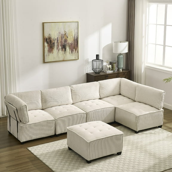 Modular Sectional Sofa U Shaped Modular Couch with Reversible Chaise Modular Sofa Sectional Couch, 6- Seat Convertible Sofa, Fit for Living Room (Beige)