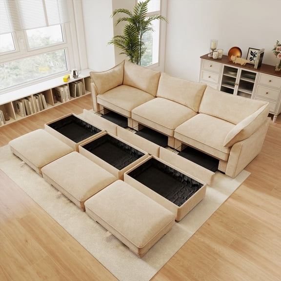 Modern Nylon 3-Seater Sofa 2208075cm with Pull-out Storage