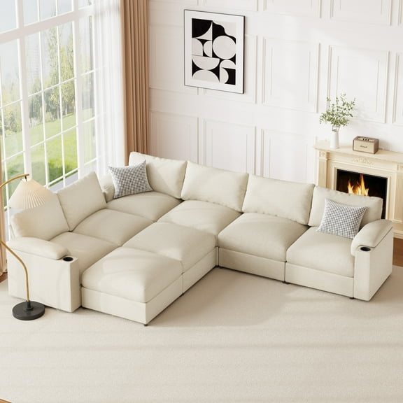 Modular Sectional Sofa for Living Room, Oversized U-Shaped Velvet Couch with Chaise, Convertible Sleeper Sofa with Washable Cover & Cup Holder