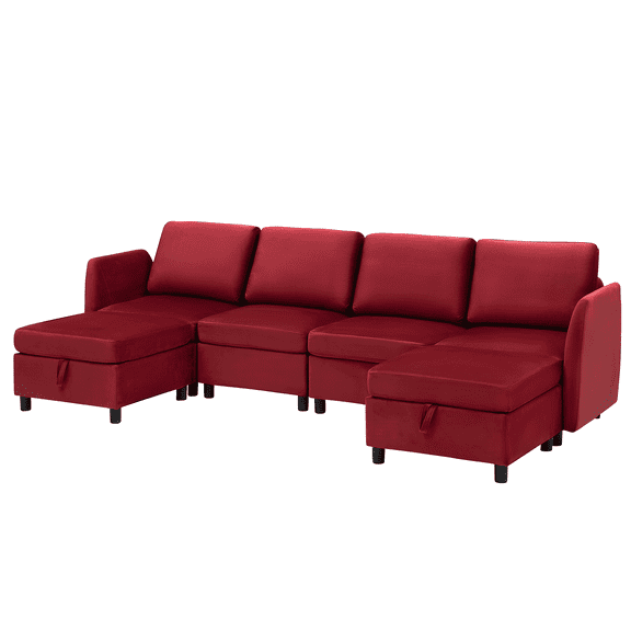Modular Sectional Sofa for Living Room – Velvet Storage Couch with Ottoman, Mid Century Upholstered Armrests – Red Apartment Office