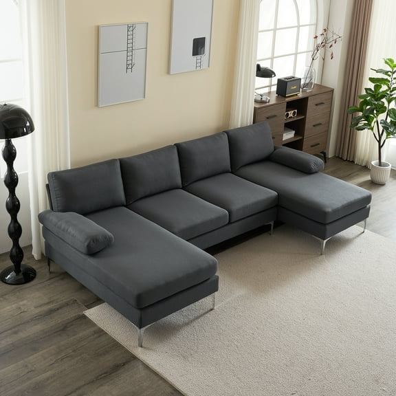 Modular Sectional Sofa with Chaise, Linen 4-Seat U-Shaped Sofa Couch, Iron Frame Silver Feet for Living Room,Grey