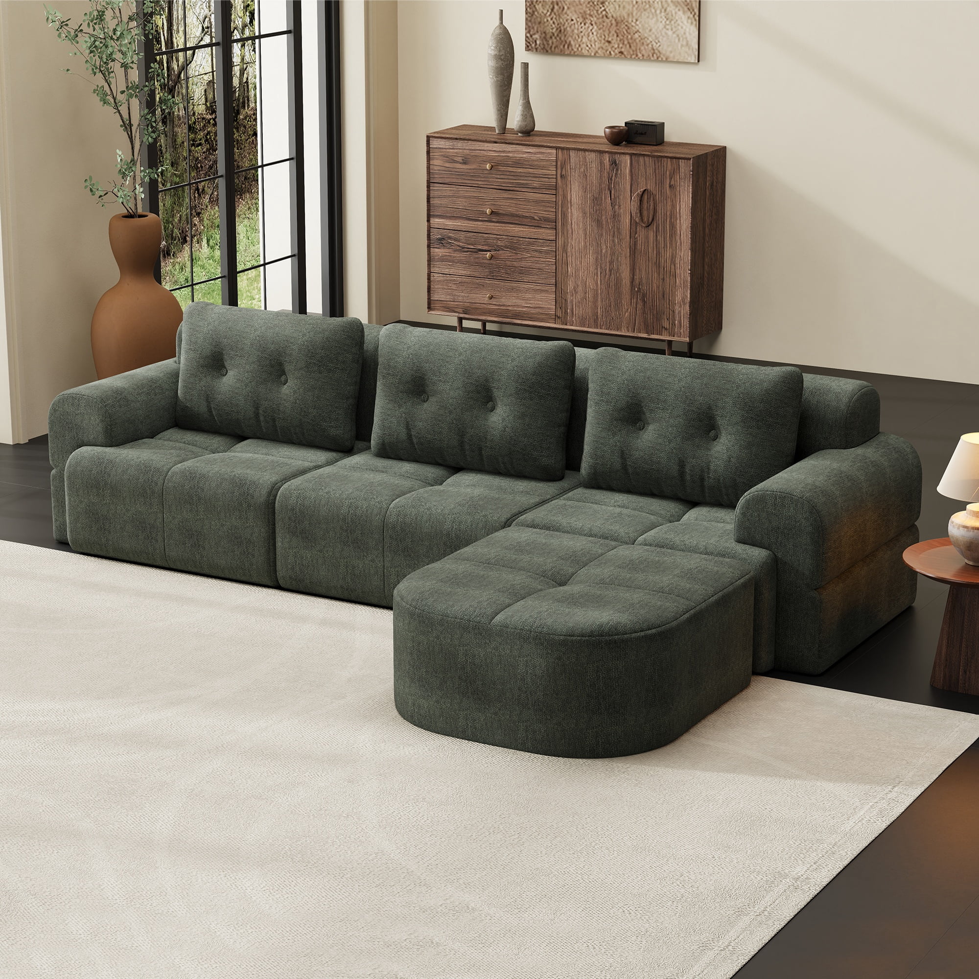 Modular Sectional Sofa with Chaise and Full-Foam Structure, 112-Inch Oversized Couch with Woven Texture Upholstery for Living Room, Blackish Green