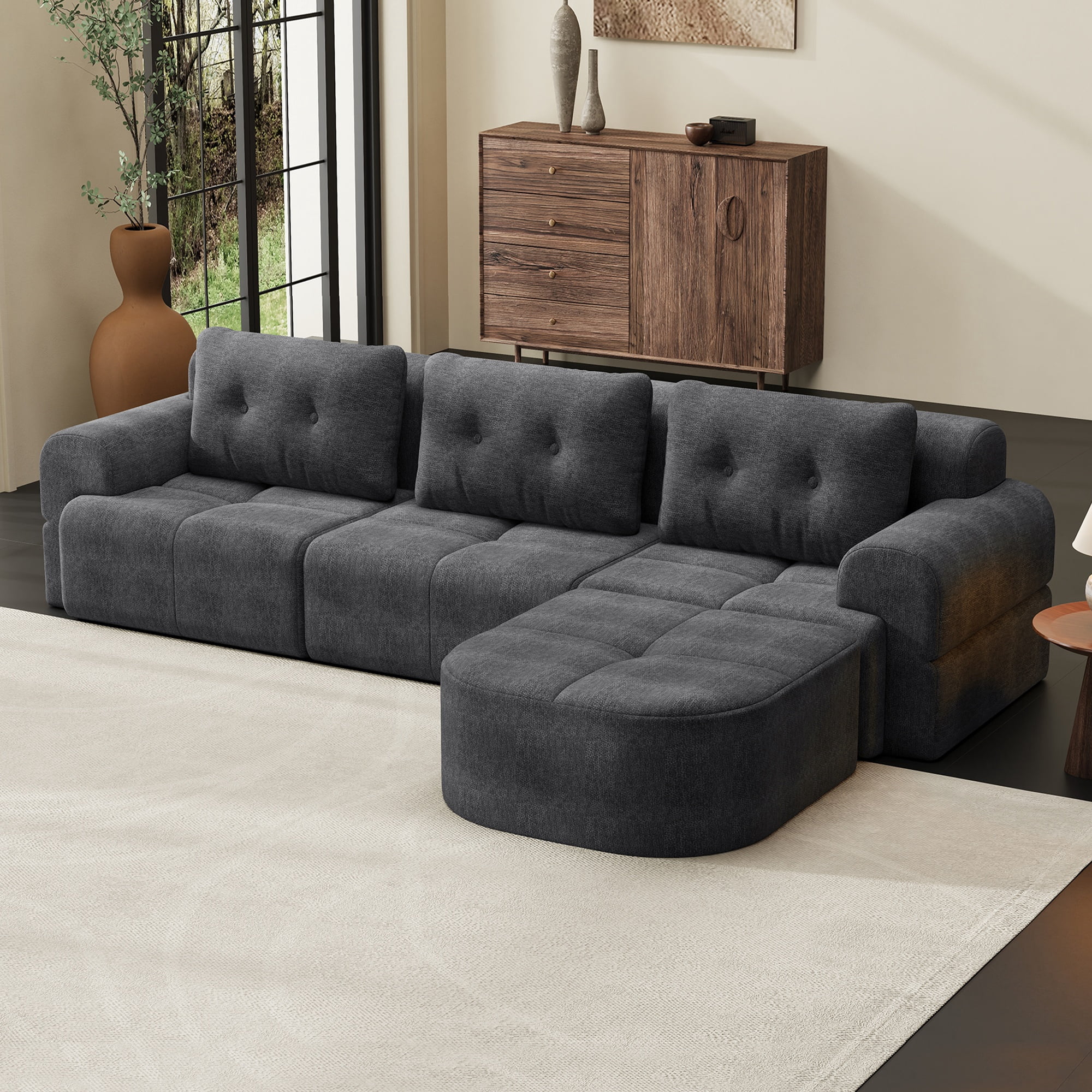 Modular Sectional Sofa with Chaise and Full-Foam Structure, 112-Inch Oversized Couch with Woven Texture Upholstery for Living Room, Dark Grey