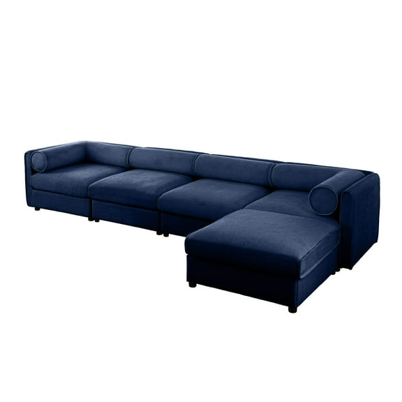 Modular Sectional Sofa with Cylindrical Backrest and Armrests, Storage, Deep Comfortable Seating, Blue Chenille, 4 Seat L-Shaped Sofa
