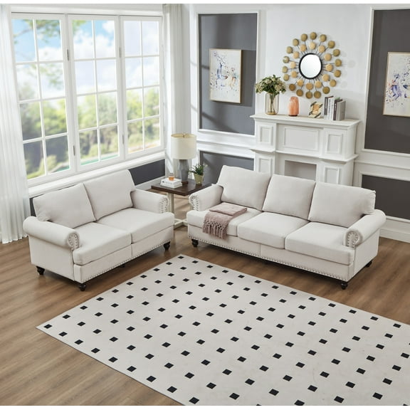 Modular Sectional Sofa with Hidden Storage, Upholstered Small Couch with Nailhead, Comfy Cloud Couch with Solid Wood Legs for Living Room, Beige