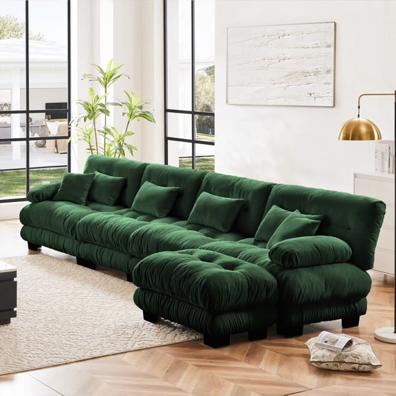 Modular Sectional Sofa with L Shaped Design for Living Room, 4-Seater Comfy Cloud Couch & Convertible Ottoman in Chenille Green