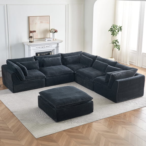 Modular Sectional Sofa with Movable Ottoman, Deep Seat Cloud Couch,6-Seat Living Room Set, Dark Grey