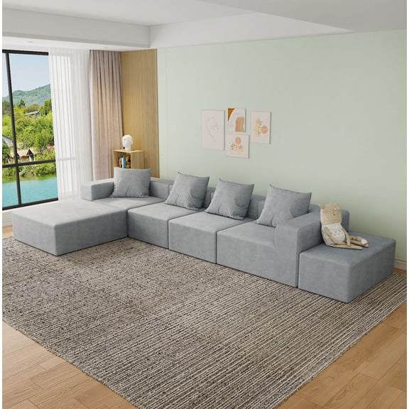 Modular Sectional Sofa with Ottoman Grey Cloud Couch 4 Seat Foam Sectional for Living Room Oversized Chaise Lounge
